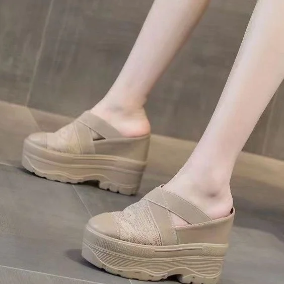 Wongn Wongn Summer New Lace Baotou Half Drag Inside Increased Fashion Ultra High Heel Sandals Women's Shoes