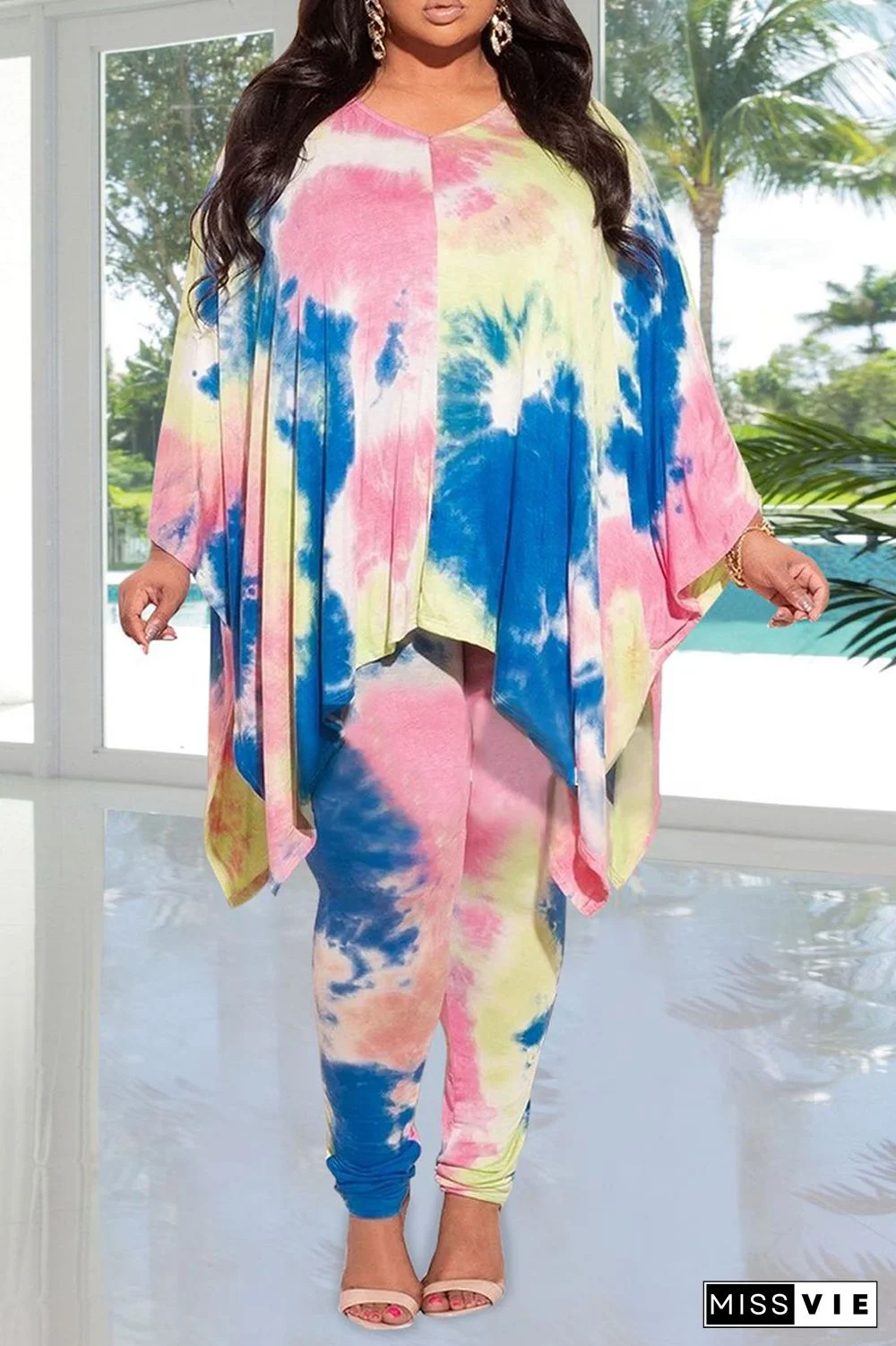 Casual Patchwork Tie-Dye V Neck Plus Size Two Pieces