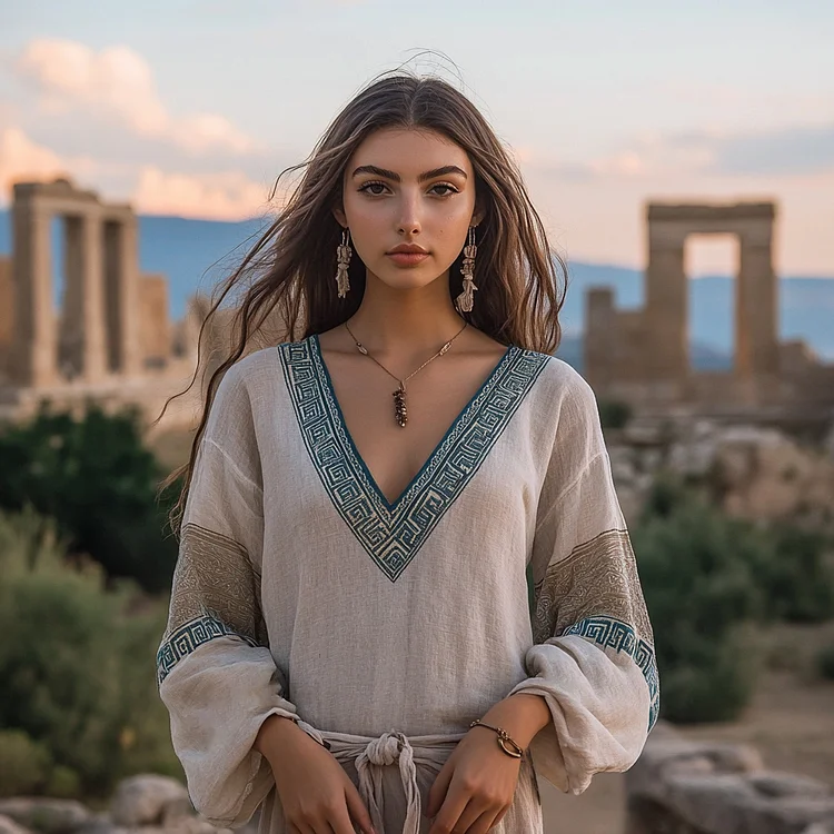 Utbros Retro Greek Key Pattern Art Linen Blend T-shirt