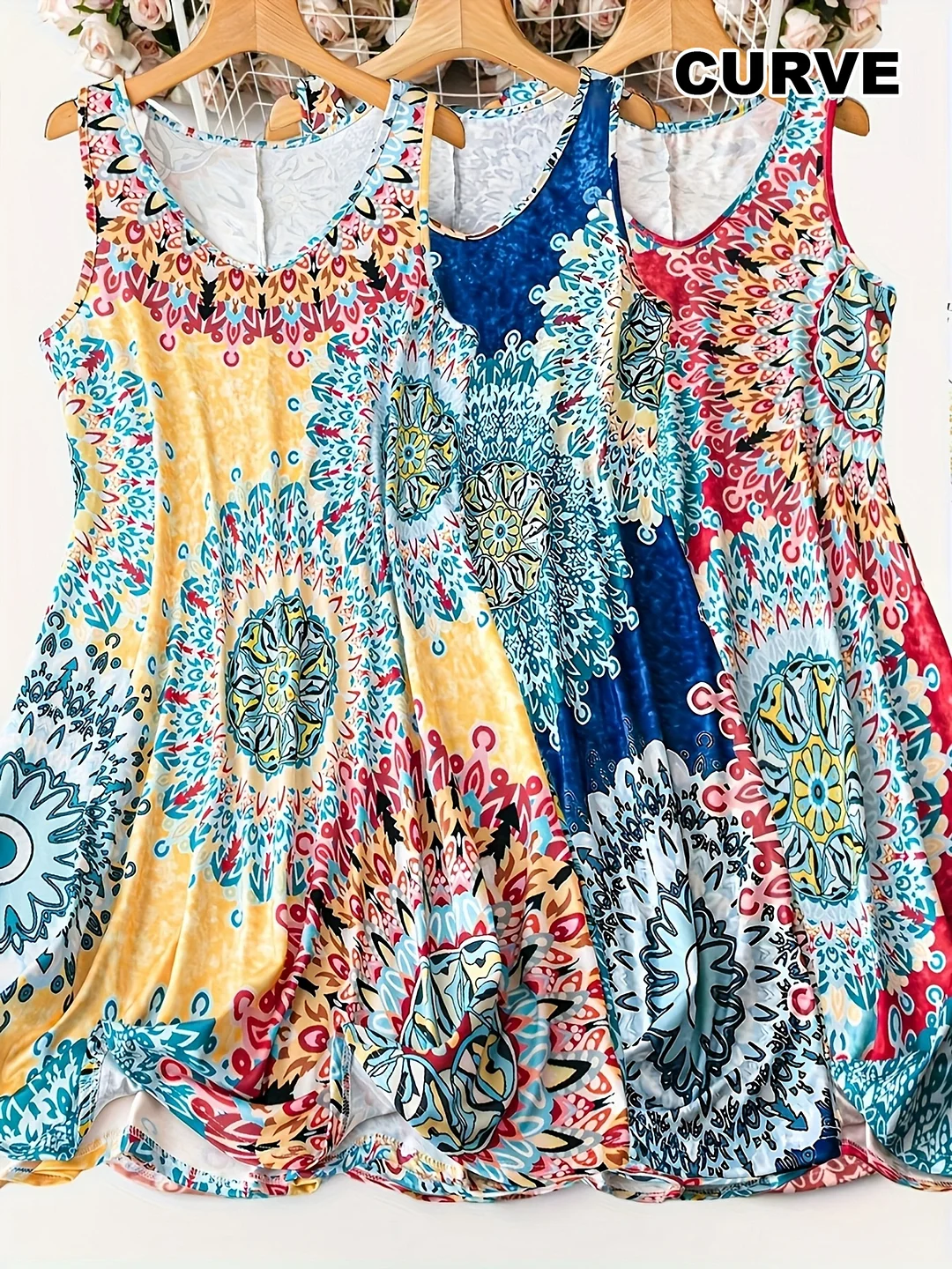 3pcs Plus Size Tropical Print Sleeveless Dresses | Stretchy Knee-Length Asymmetrical Hem Casual Elegant Round Neck Machine Washable For Spring Summer Fall | IFYHOME