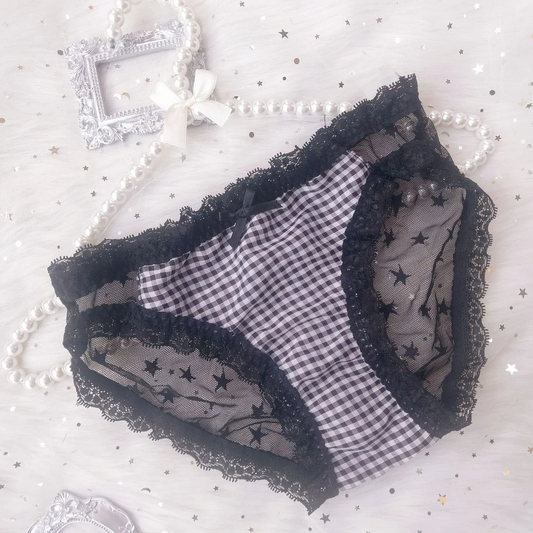 Billionm Panties Lolita Girl Ice Silk Hollow Bow Lace Perspective Star Bag Hip Jk Plaid Triangle Panties Maid Outfit New Pink