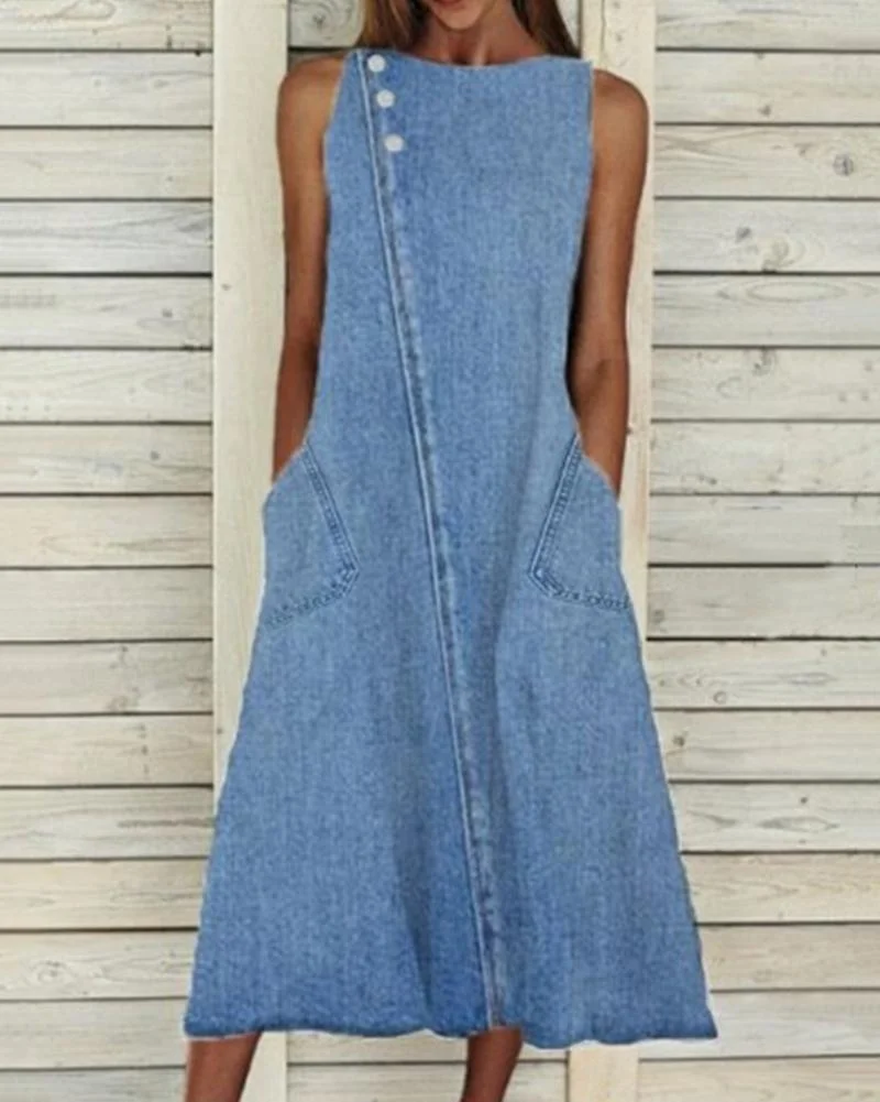 Round neck sleeveless casual denim dress