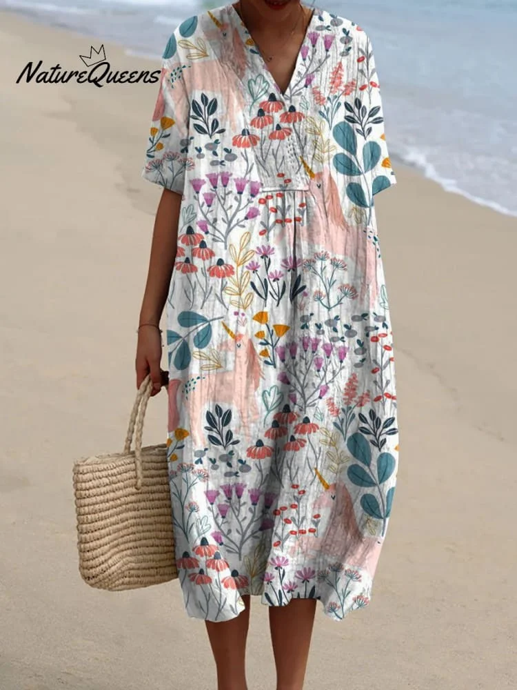 Women's Vintage Cute Horses Floral Art Print Casual Flowy Dress
