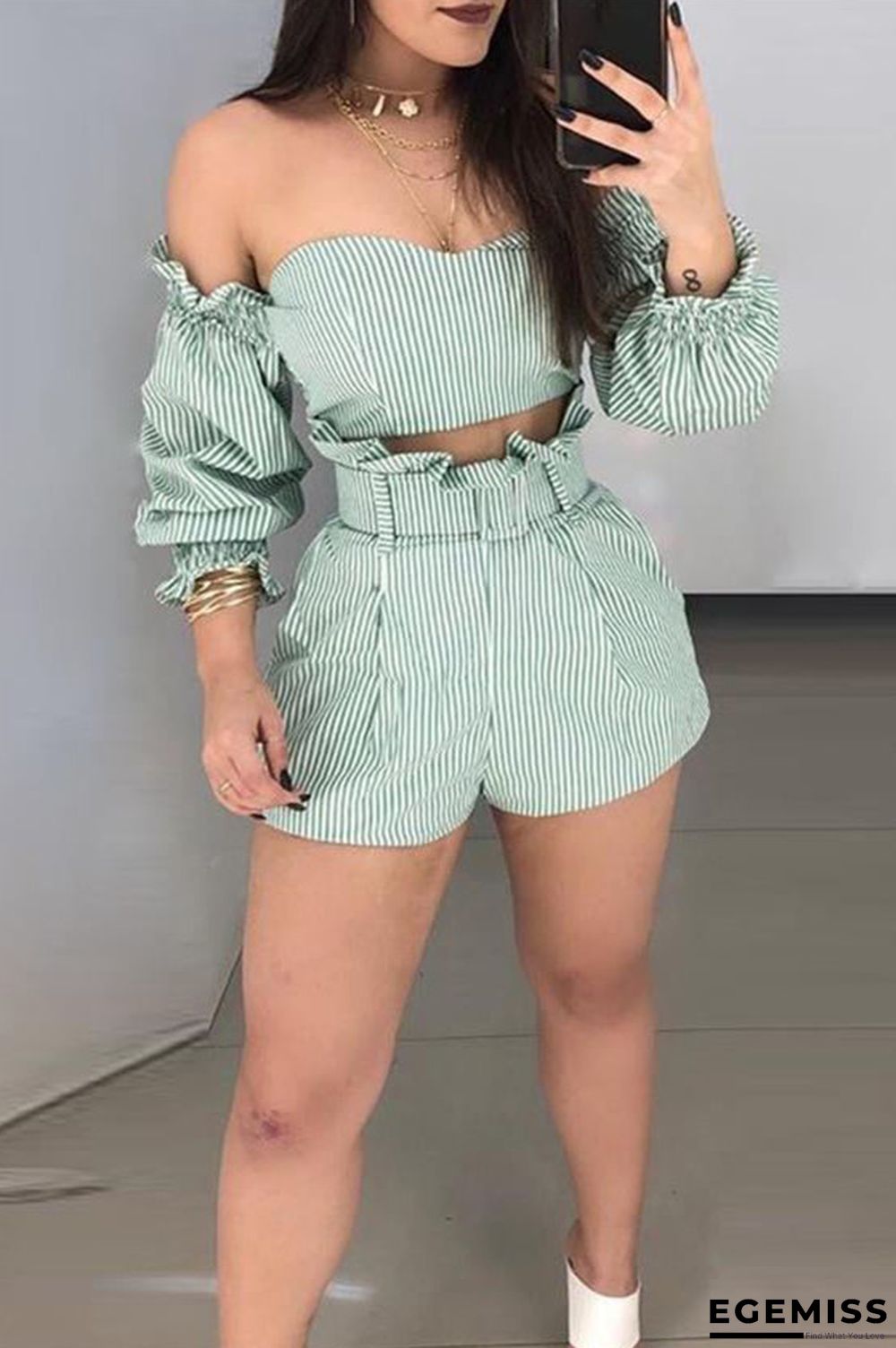 Green Sexy Fashion One Word Shoulder Stripe Two-Piece Set | EGEMISS