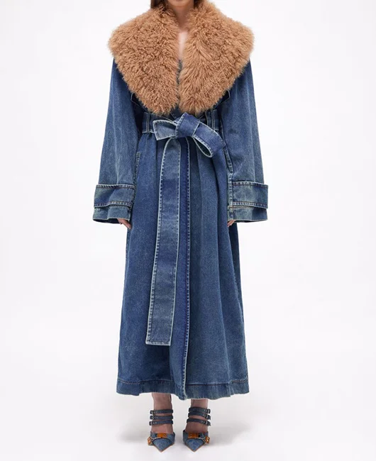 LADYSY Detachable Fur Collar Over-The-Knee Denim Coat Jacket 