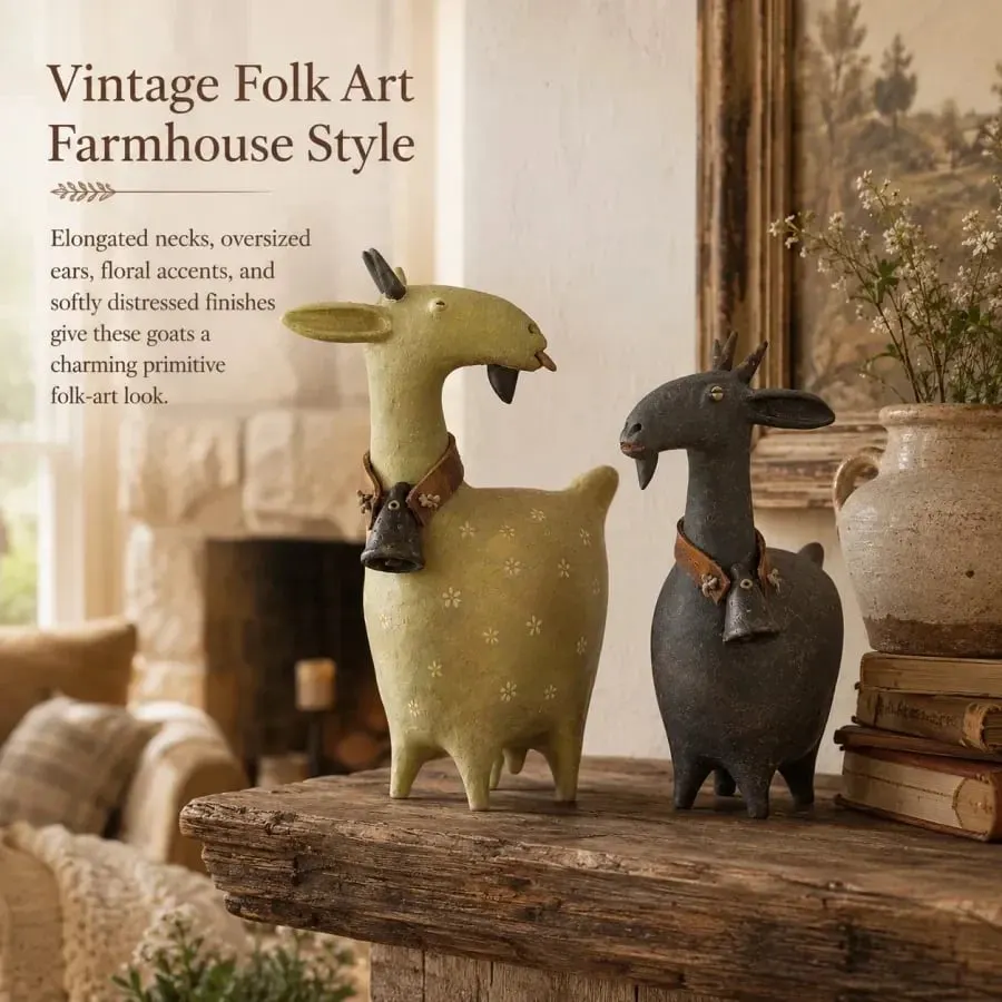 Whimsical farmhouse goat figurines set of two