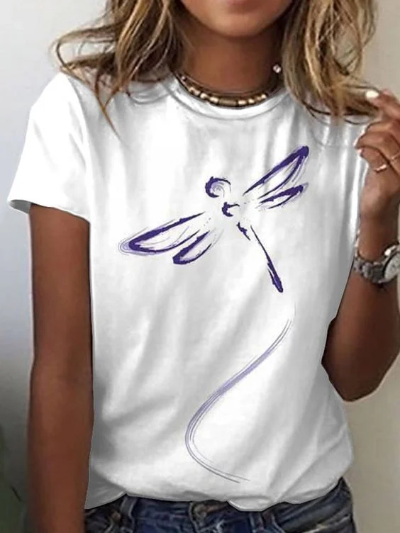 Round Neck Casual Dragonfly Print Women's T-shirt