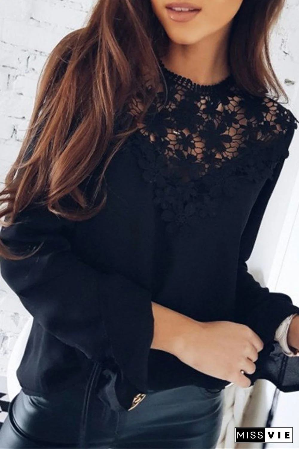 Lace Patchwork Chiffon Solid Blouse