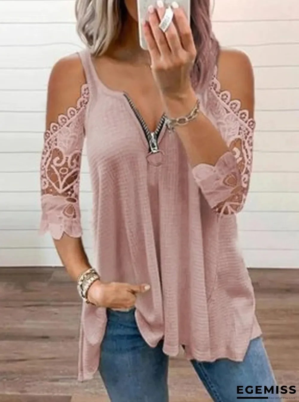 Fashion Lace Stitching Solid Color V-neck T-shirt | EGEMISS