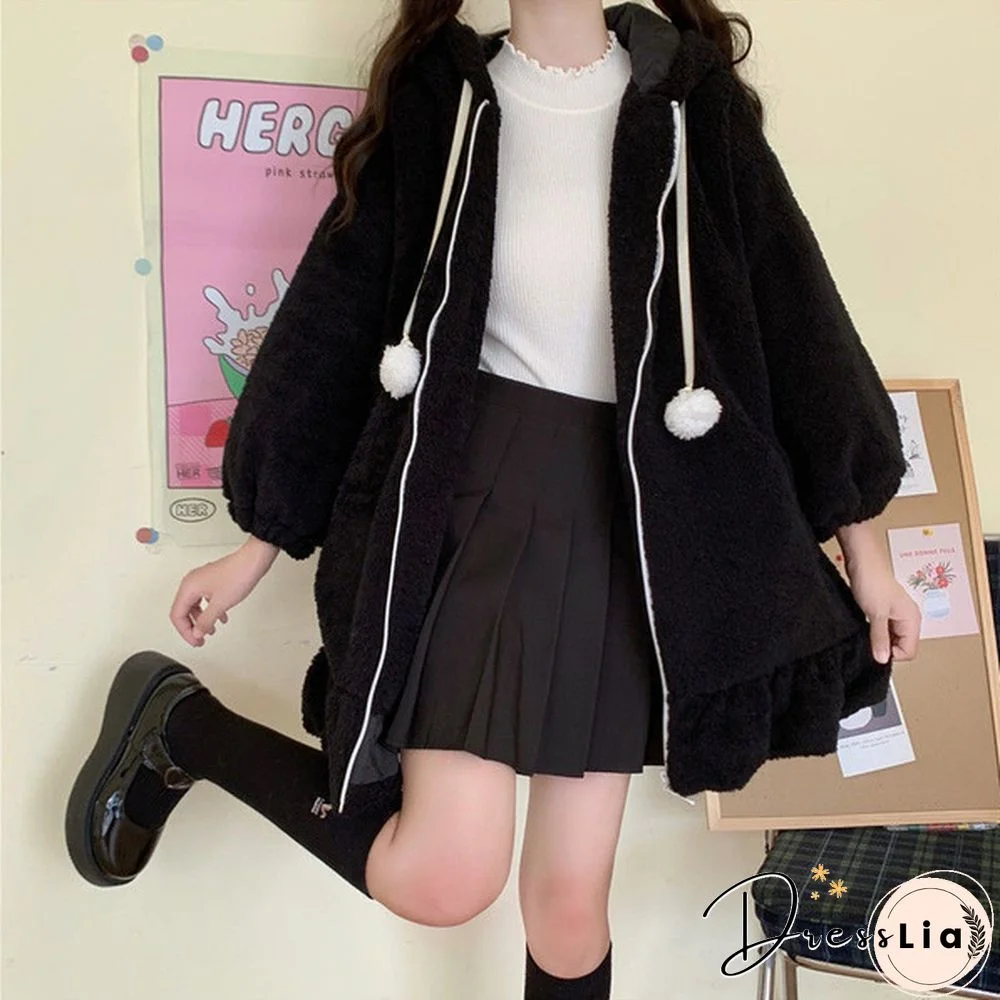 New Women Kawaii Zipper Hooded Coat Rabbit Ears Cute Sweet Girls Harajuku Style Warm Jacket