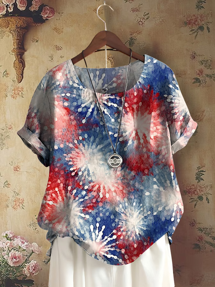 Women's Casual Cotton And Linen Independence Day Fireworks Short-sleeved Round Neck Shirt wearshes