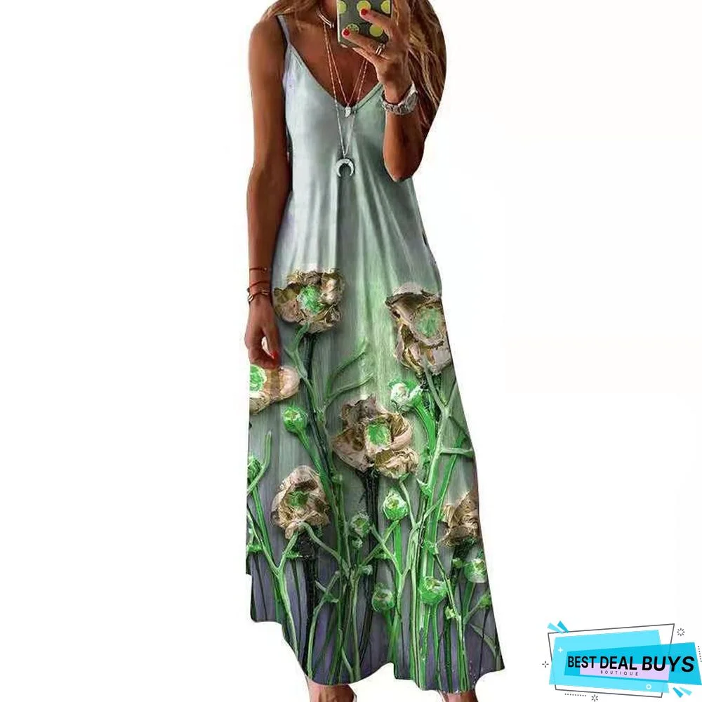 V-Neck Fashion Printed Loose Suspender Dress