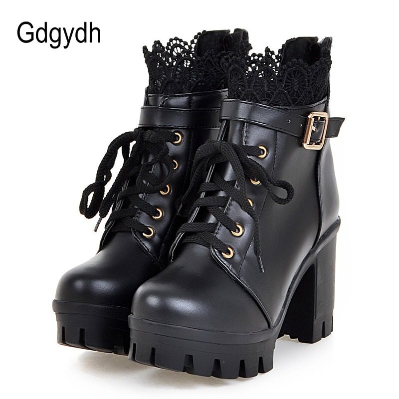 Gdgydh Wholesale Lace Ankle Boots Thick High Heels Women Boots Sexy Lacing Round Toe Platform Ladies Shoes Large Sizes 34-43