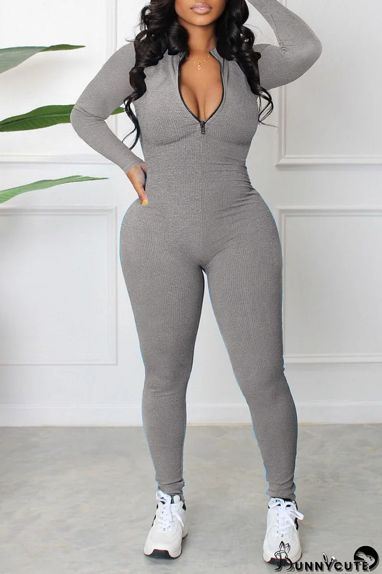 Grey Casual Sportswear Solid Patchwork Zipper Collar Regular Jumpsuits