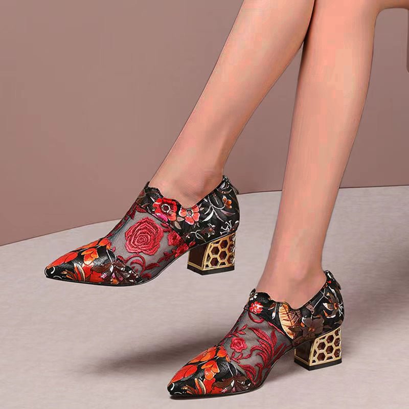 Classic Embroidery Retro Chunky Heels