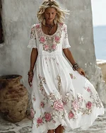 Women's Floral Art Print Flowy Linen Blend Casual Short Sleeve Maxi Dress - Image 4