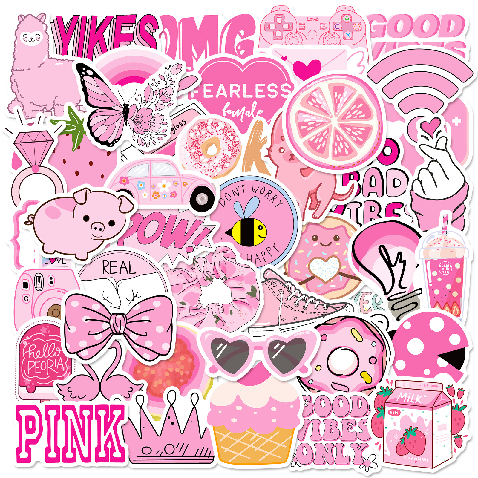 50-Piece Pastel Sticker Set: Pink Cute Girl-Inspired,  Aesthetic Graffiti Decals for Trendy DIY Decor