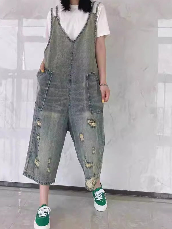 Women's Loose Hole Casual Retro Cropped Workwear Denim Overalls Jumpsuit