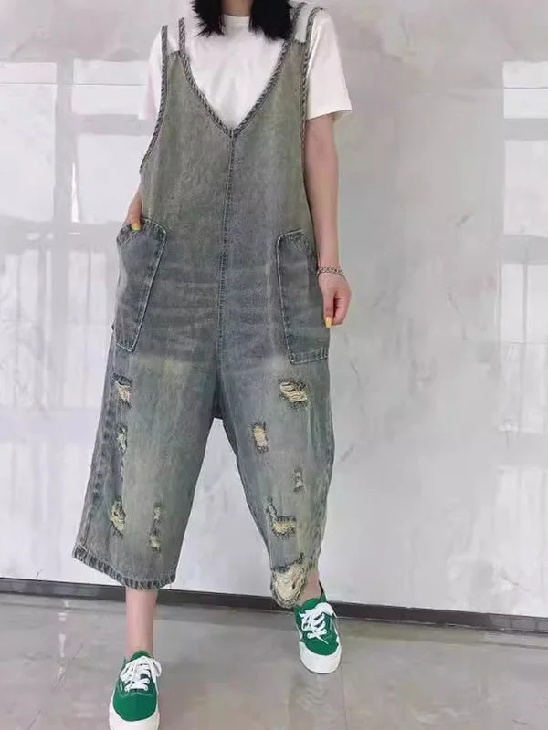Women's Loose Hole Casual Retro Cropped Workwear Denim Overalls Jumpsuit