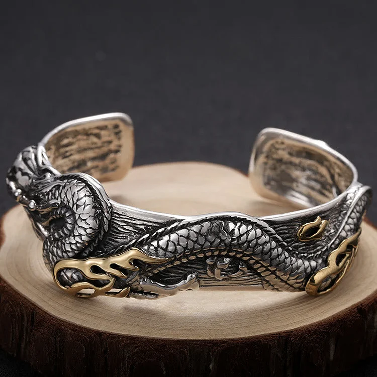 Coutureaura 925 Sterling Silver Dragon Open Bangle Bracelet