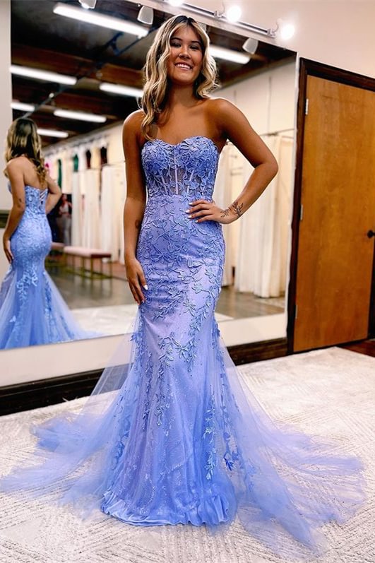 Charming Lilac Strapless Mermaid Long Evening Dress Tulle With Appliques | Ballbellas Ballbellas
