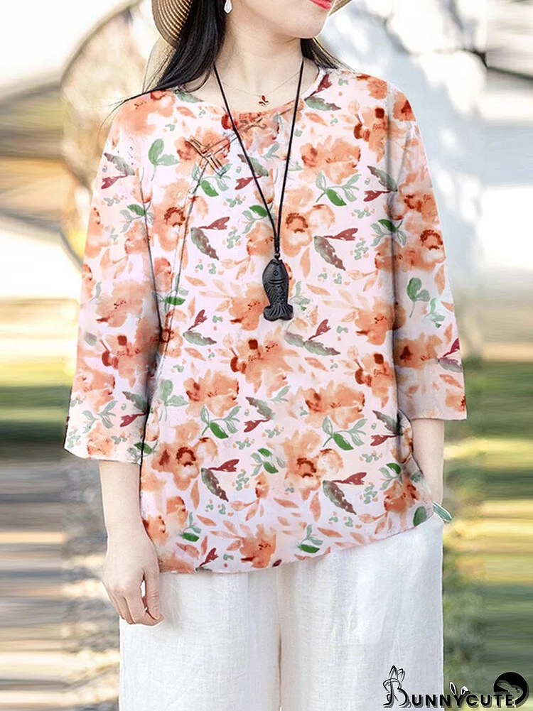 Women Floral Print Frog Button Crew Neck 3/4 Sleeve Blouse