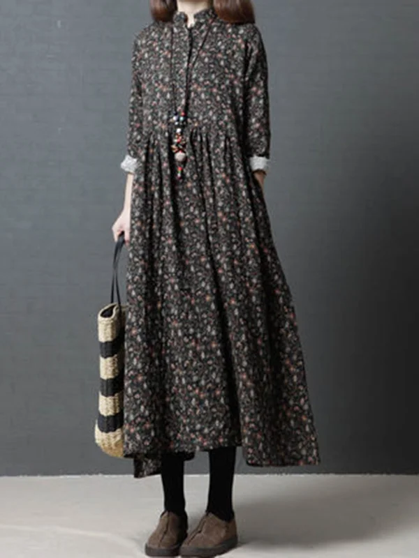 Vintage Floral Stand Collar Midi Dress