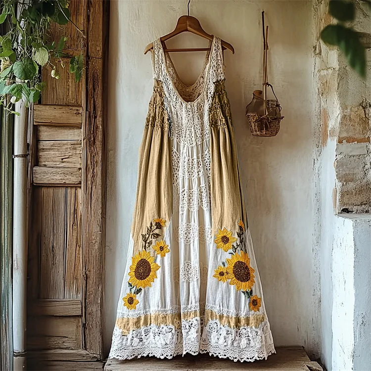 VChics Boho Sunflowers Embroidered Gradient Lace Patchwork Linen Dress