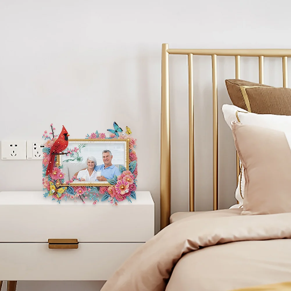 5D DIY Cardinal and Flower Acrylic Special Shape Diamond Painting Picture Frame