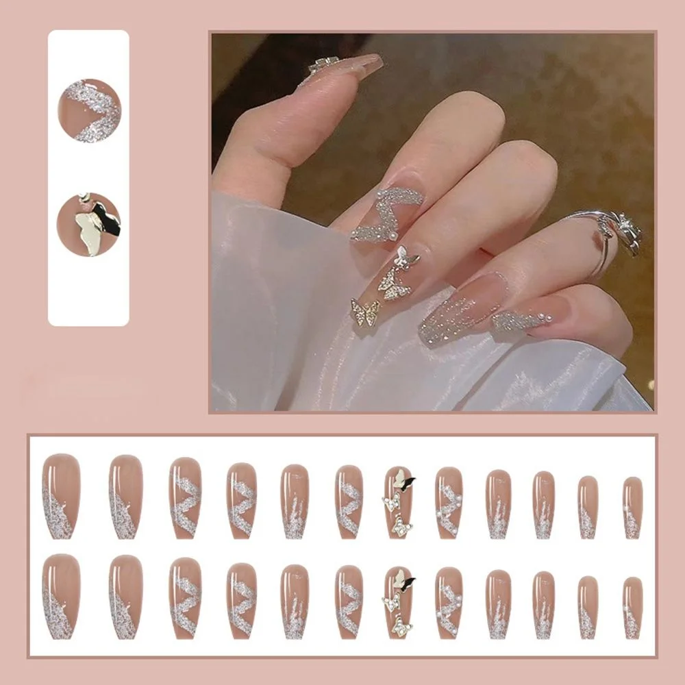 Long Coffin False Nails Aurora Butterfly with designs French Ballerina fake Nails wearable nail stickers Full Cover Nail Tips-Nail Inspo