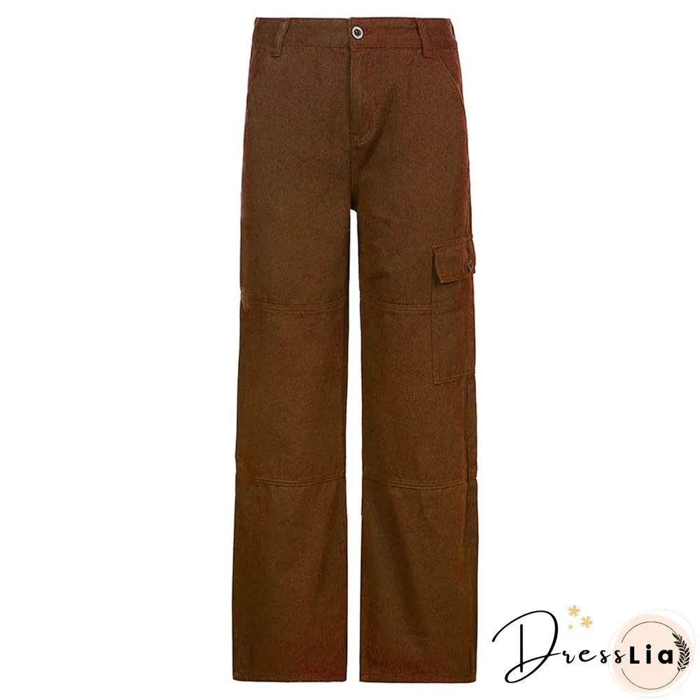 Womens Jeans Cargo Pocket Patchwork High Waist Wide Leg Denim Pants Casual Streetwear