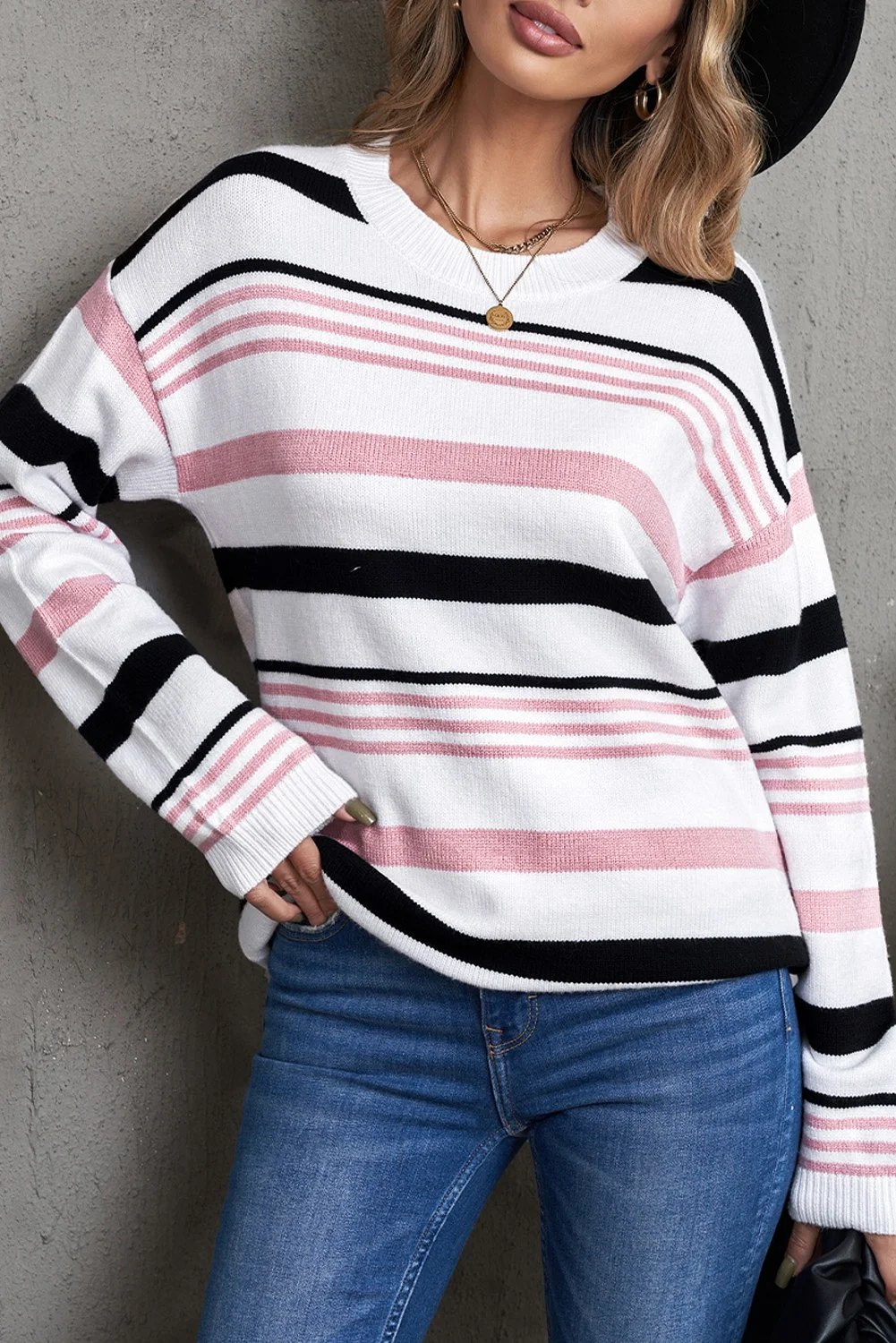Pink Striped Crewneck Long Sleeve Sweater | IFYHOME