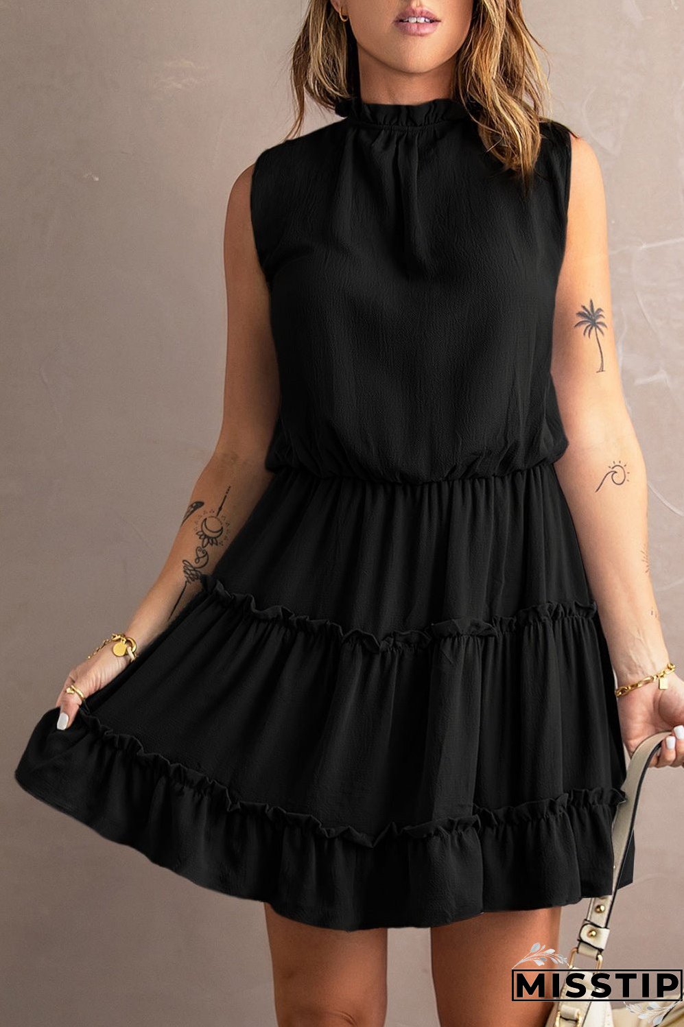 Tie Neck Frill Trim Sleeveless Mini Dress