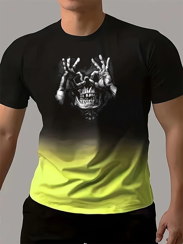 Skull with OK Pattern Print Color-blocking Tees