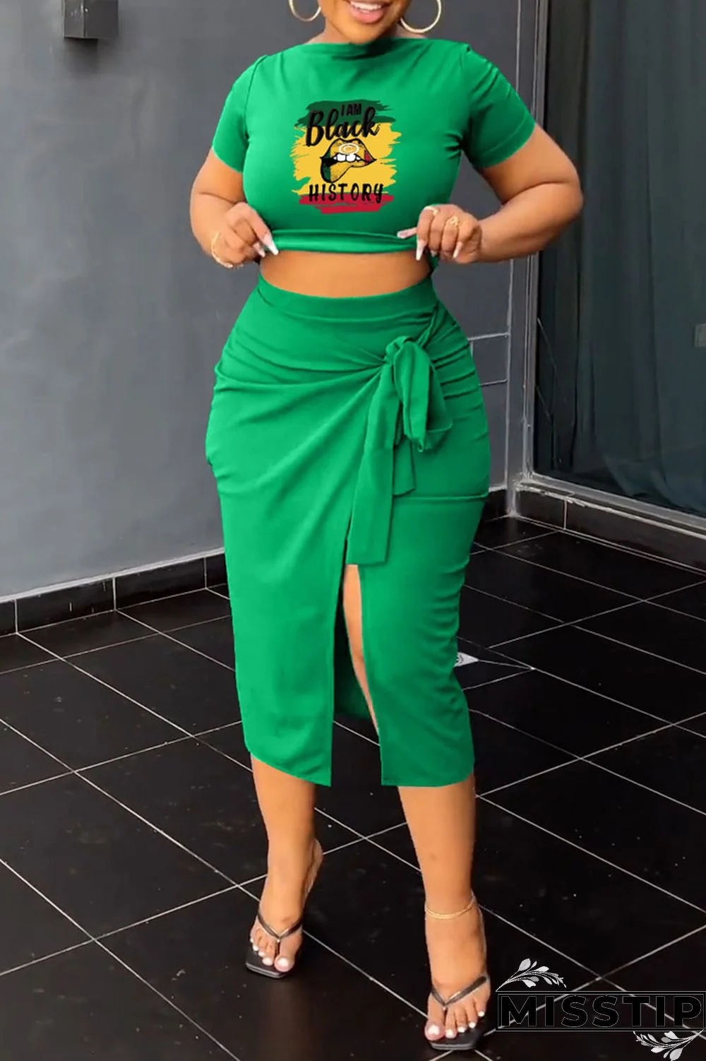 Green Casual Print Bandage Patchwork Slit O Neck Short Sleeve Two Pieces