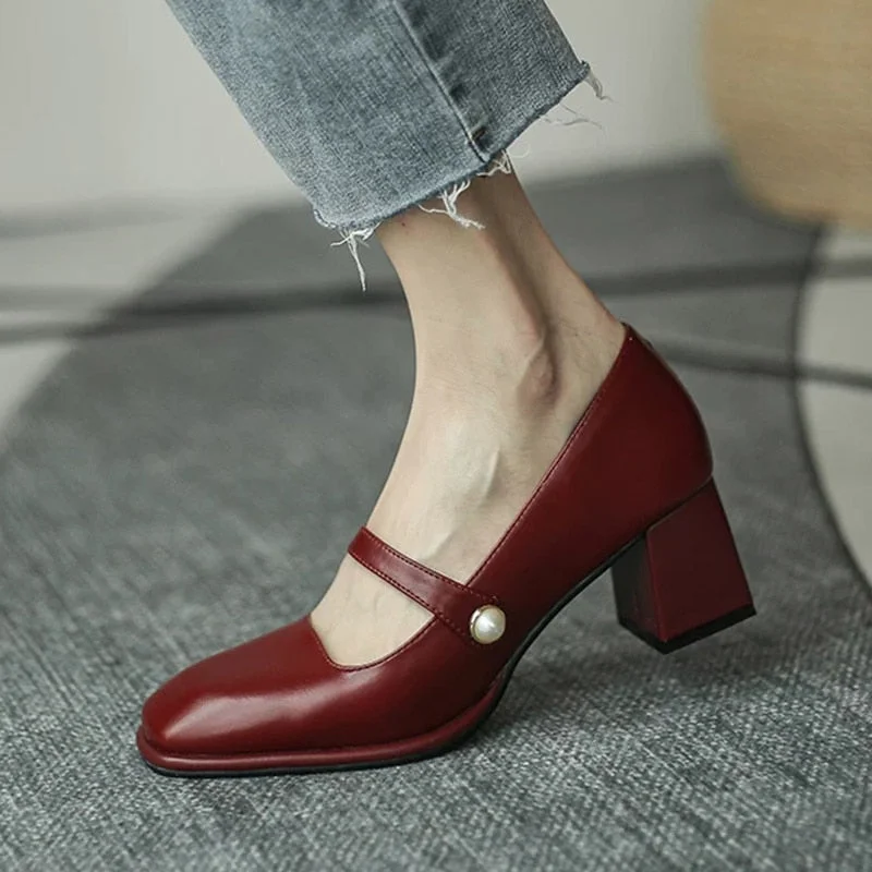 2021 New Fashion Women Shoes Square Toe Mary Janes Shoes Square Heel Dress Shoes Pearl Buckle Pumps High Heels Office Shoe 8557N