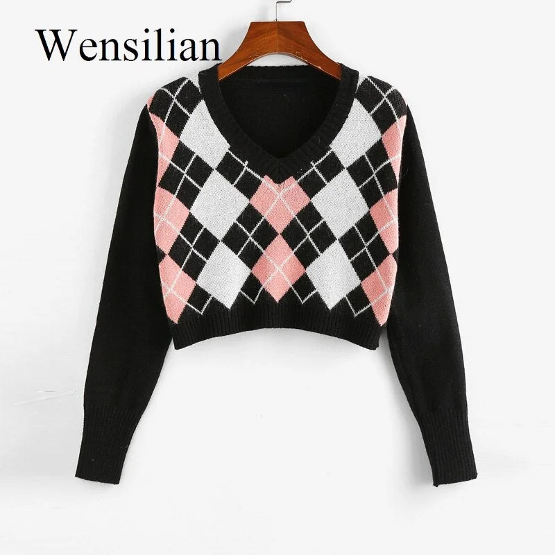 Cropped Argyle Sweater Women V Neck Long Sleeve Pullover Elegant Knit Sweater Top 2021 Fashion Za Style Autumn Jersey Mujer