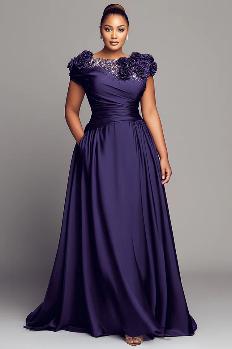 Xpluswear Design Plus Size Formal Pink Boat Neck Cap Sleeve Short Sleeve 3D Drilling Satin Maxi Dresses [Pre-Order] 2024 - Xpluswear