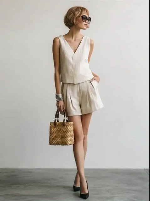 Women's Beige Linen-Blend Two-Piece Set With V-Neck Vest & Pleated Shorts, Timeless Minimalist Casual Outfit MD