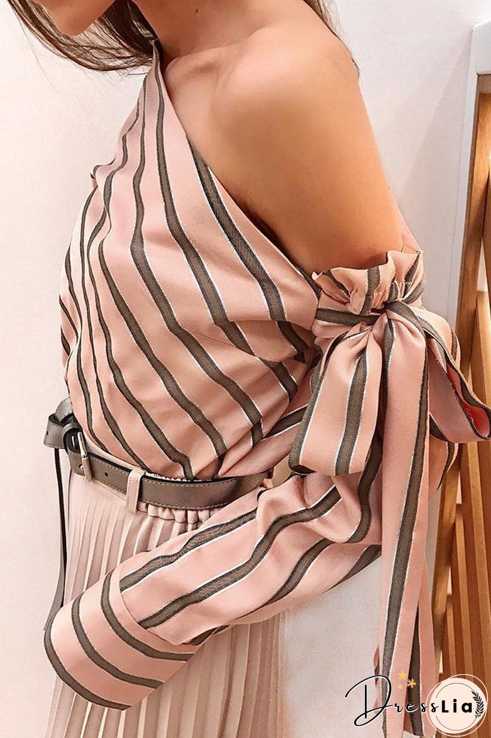 Striped Skew Neck Tie Up Blouse