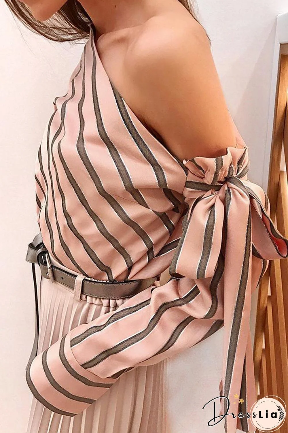 Striped Skew Neck Tie Up Blouse
