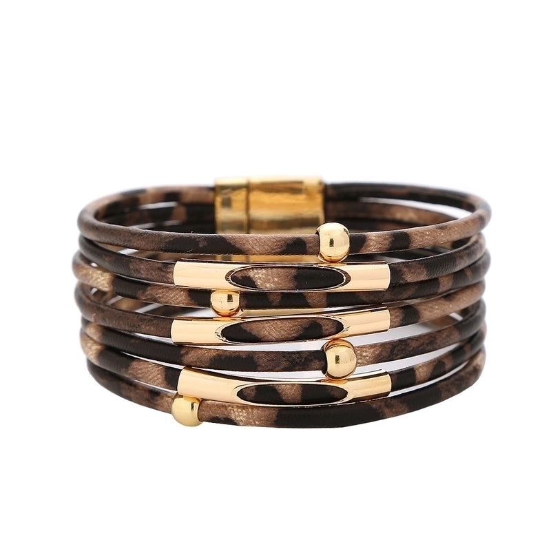 Europe And America  Fashion Geometric Leopard Bracelet Women’s Magnetic Buckle Copper Beaded Multi-Layer Wrap Bracelet Jewelry