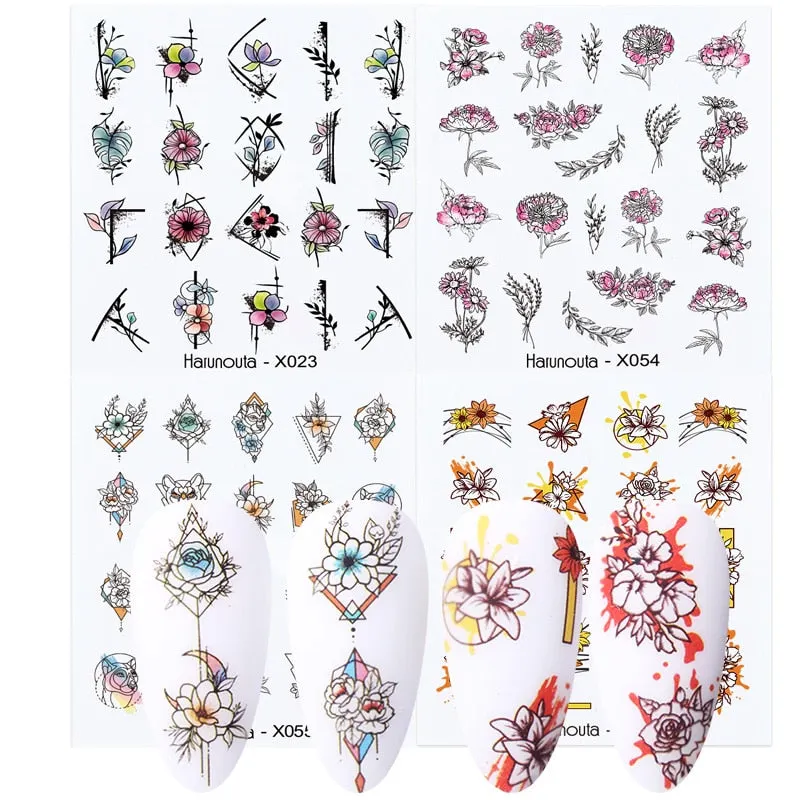Harunouta 4pcs Geometry Color Wave Line Water Decals Stickers Flower Leaves Slider For Nails Spring Summer Nail Art Decorations