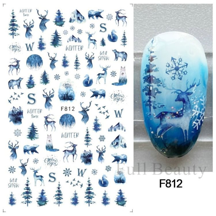 Blue Christmas Nail Stickers Snow Branches Tree Sliders Winter Design Ornaments Manicure Decal Nail Art Decoration CHF812