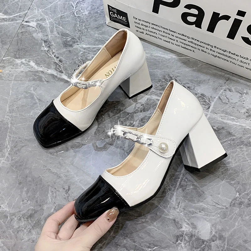 Qengg Mary Jane Shoes Women's 2022 New French Square Toe High Heels Small Leather Shoes Patent Leather Thick Heel Shoes