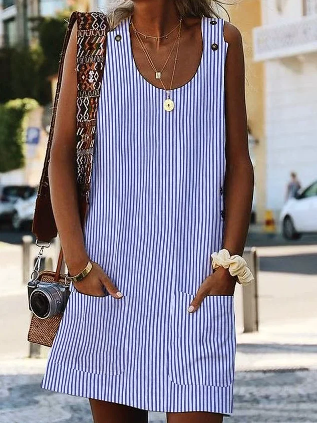 Crew Neck Women beach dresses Shift Daily Boho Pockets Striped beach dresses