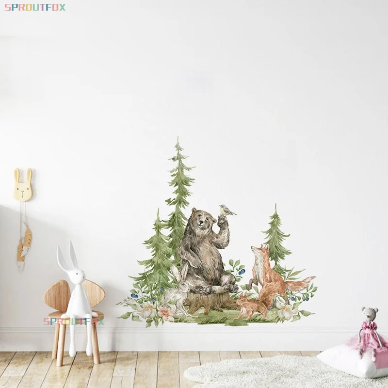 Nordic Cartoon Bear Fox Wall Sticker Treen Green Forest Animal Wall Decals for Children Room Boys Home Decoration Living Room