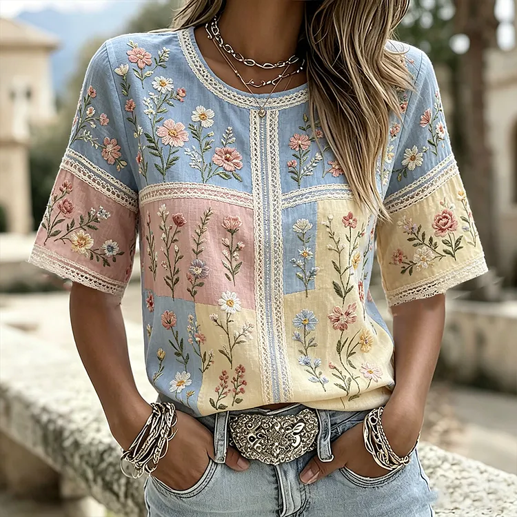 Women's Colorful Floral And Lace Art Splicing Blended Cotton Linen Comfortable Round Neck Short Sleeve Top