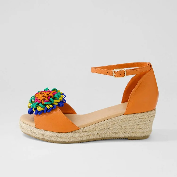 FSJ Orange Wedge Floral Decor Ankle Strap Espadrille Sandals |FSJ Shoes