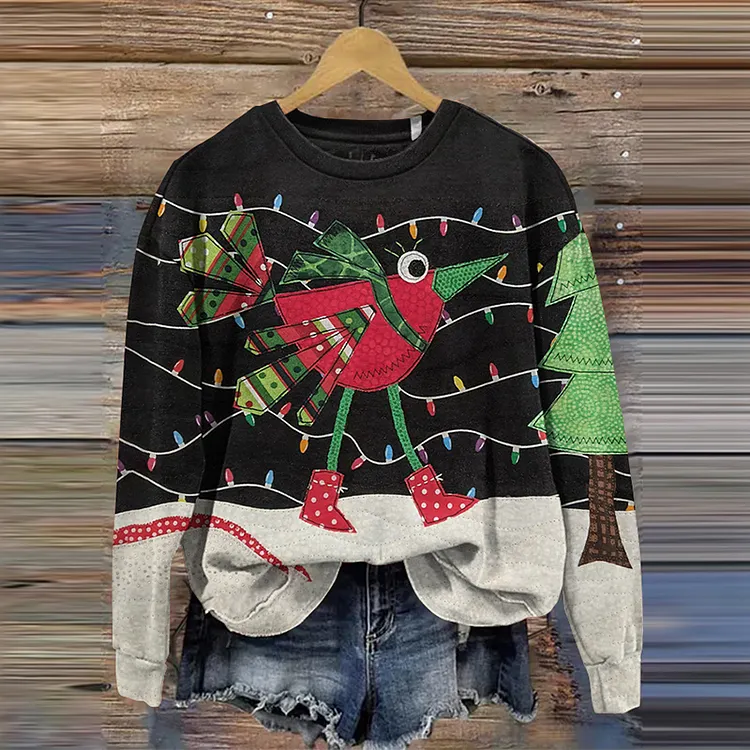 Colorful Christmas Bird Print Casual Sweatshirt